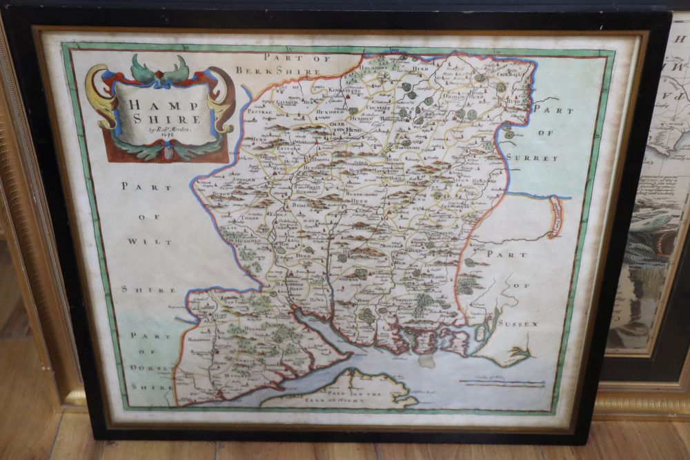 Robert Morden, two coloured engravings, Maps of Hampshire and Essex, together with a Thomas Kitchen, map of Cardigan Shire, largest